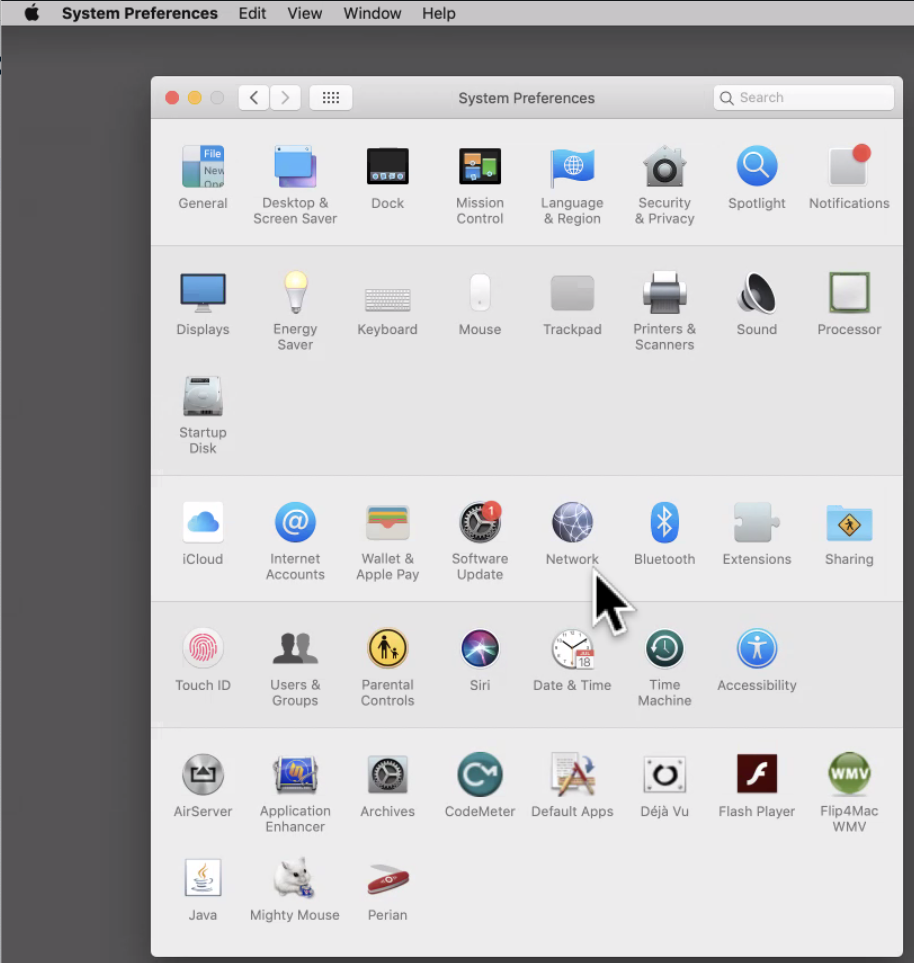 macOS System Preferences with Network selected