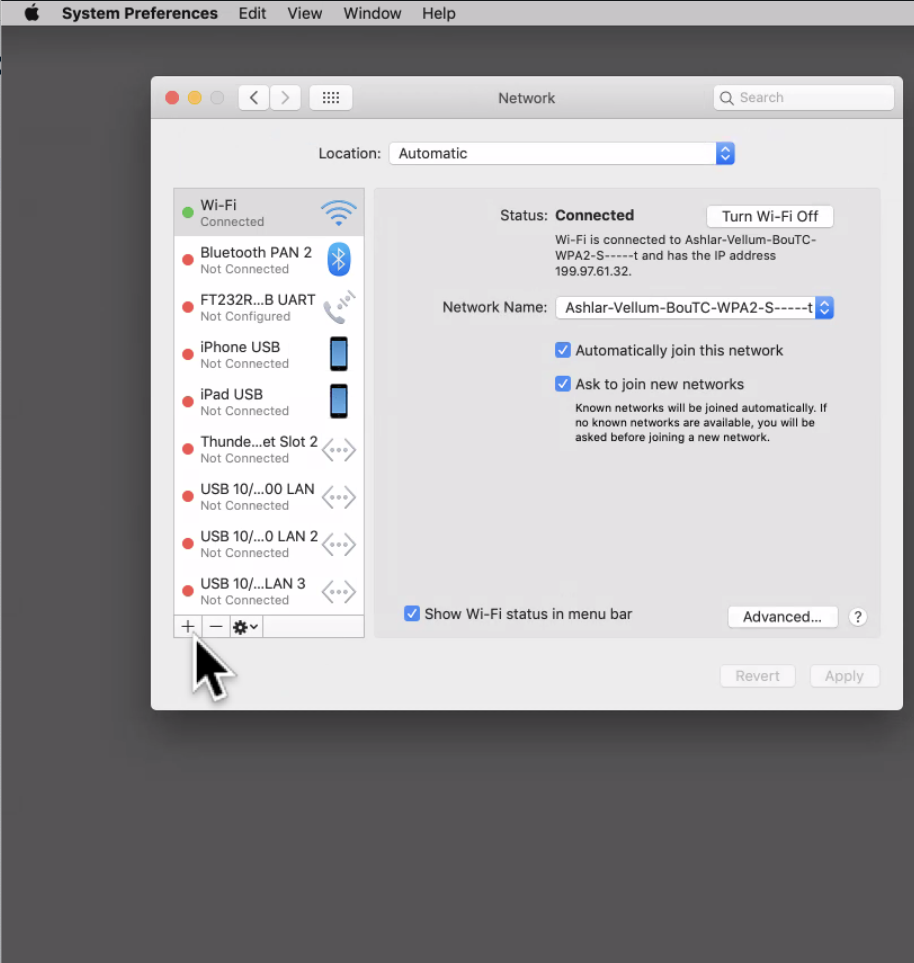 macOS Network Preferences with Plus button highlighted