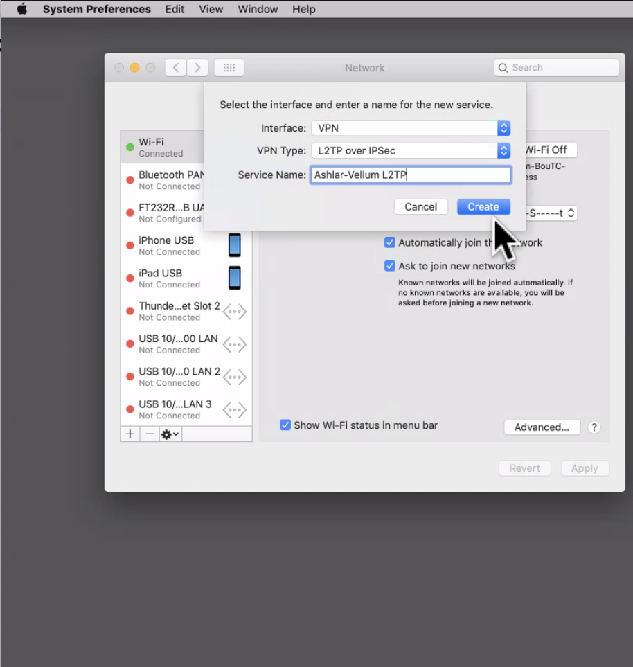 macOS Add Network Service dialog for L2TP