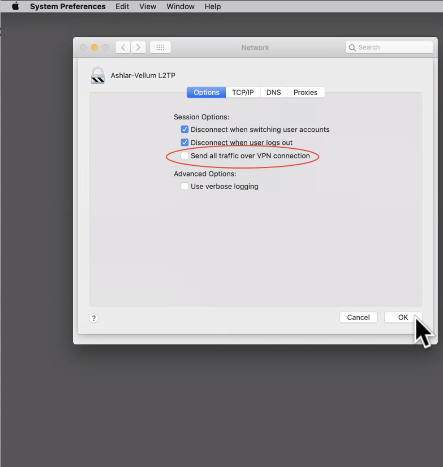 macOS Advanced VPN Options with Send all traffic UNCHECKED