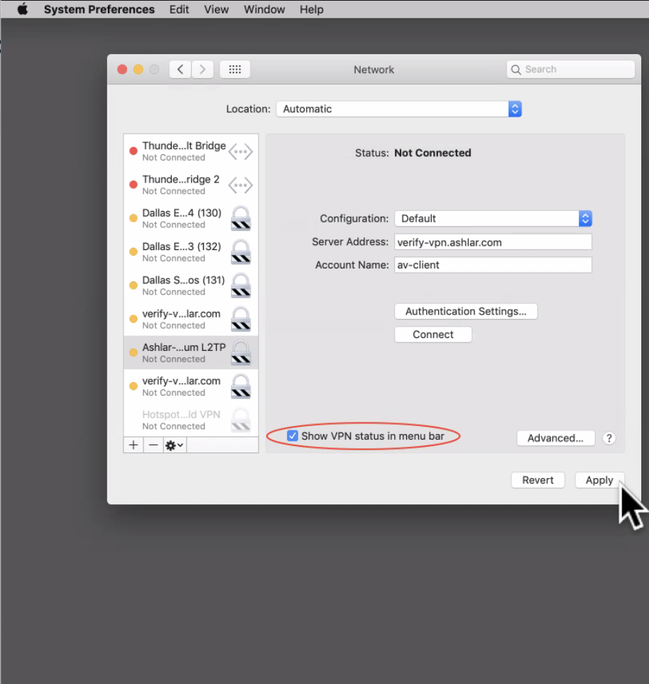 macOS Network Preferences Apply and Connect buttons